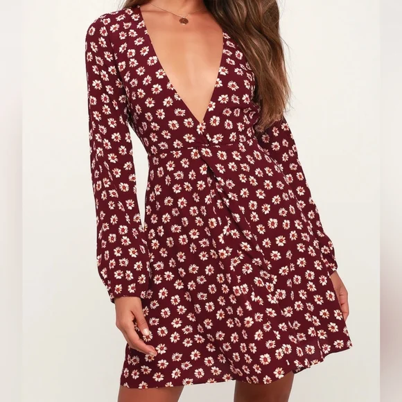 Fleur and Flirtation Burgundy Floral Print Long Sleeve Dress - Picture 1 of 2
